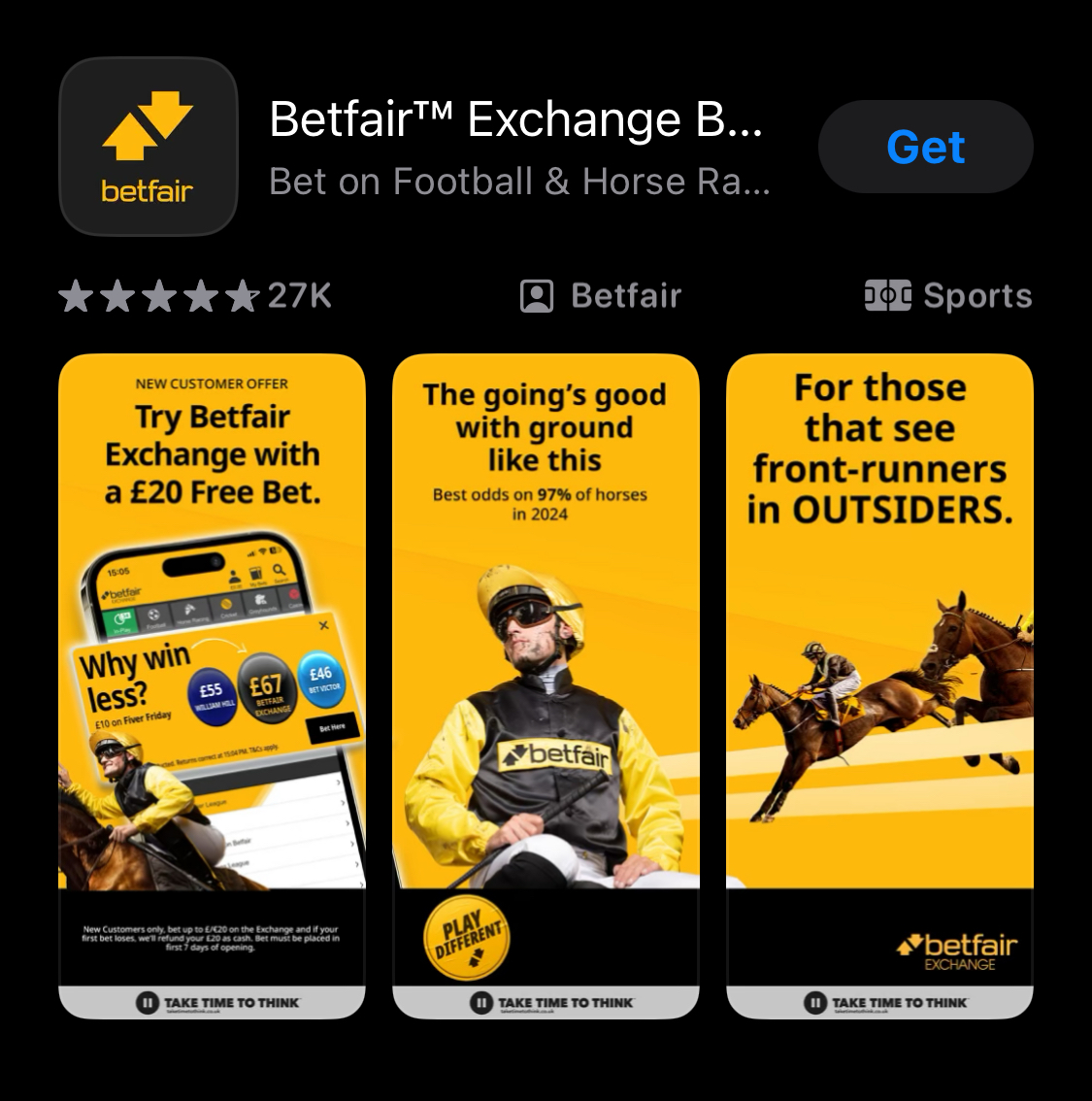 Betfair Exchange's app in the iOS app store, showing welcome offer (£20 free bet) and that best odds are offered on 97% of horses